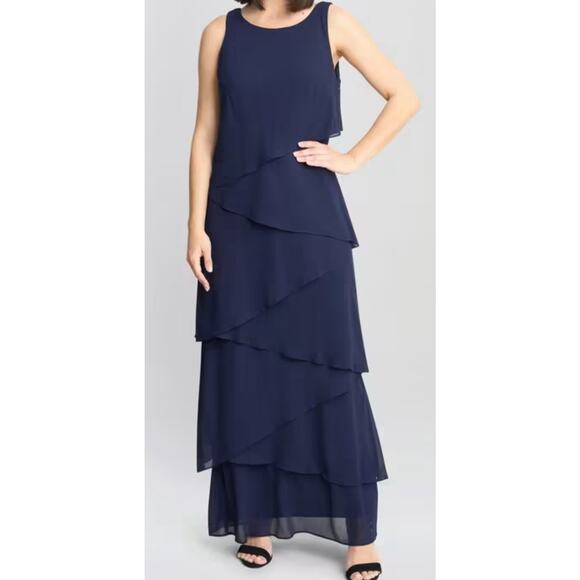 Frascara Elephant Trunk Tea Length Gown Wover Navy With Jacket Dress Size 12 NWT - Picture 2 of 11